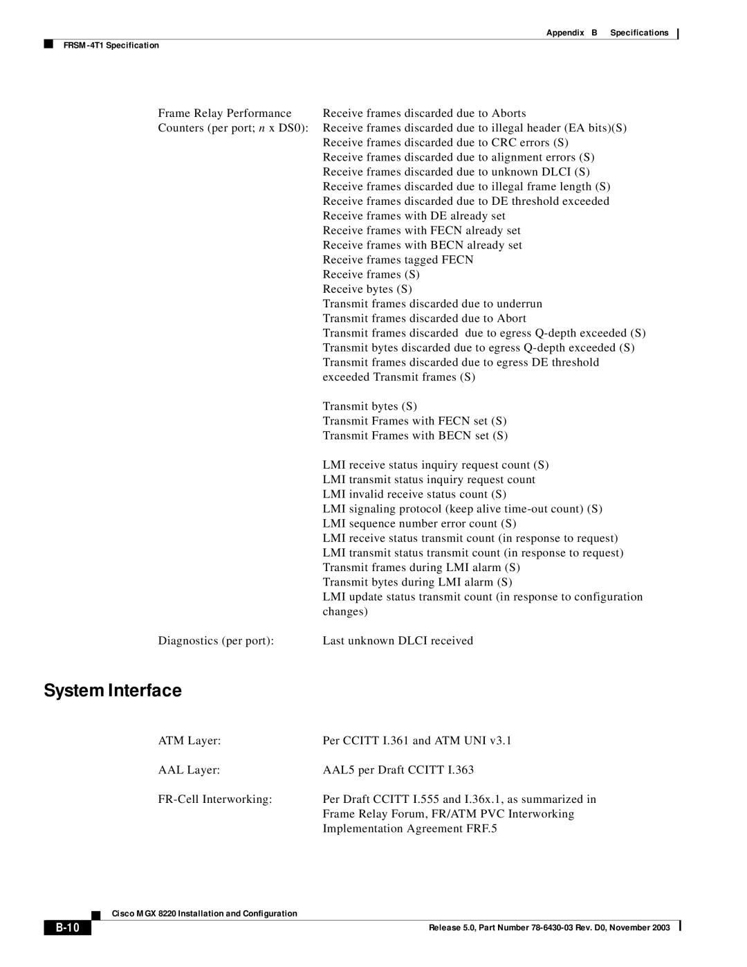 Cisco Systems MGX 8220 manual System Interface 