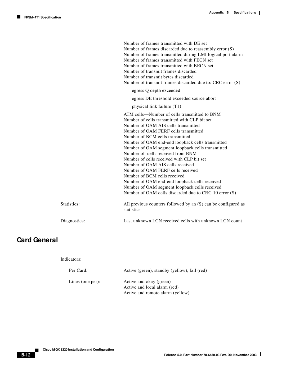 Cisco Systems MGX 8220 manual Card General 