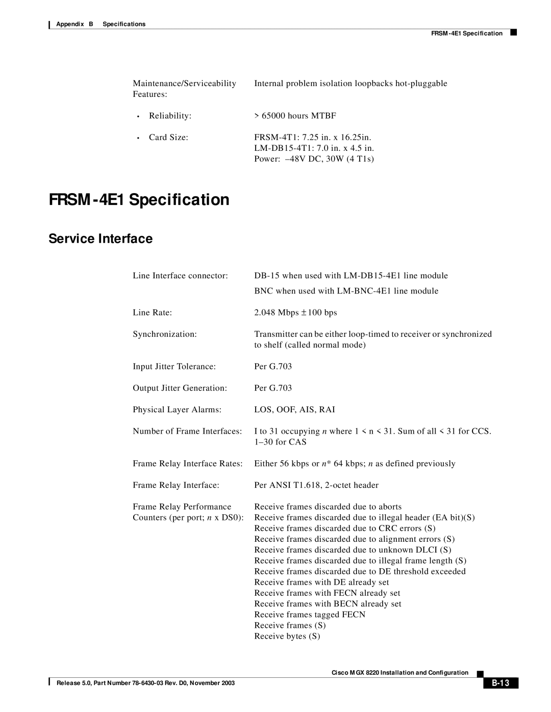 Cisco Systems MGX 8220 manual FRSM-4E1 Specification 