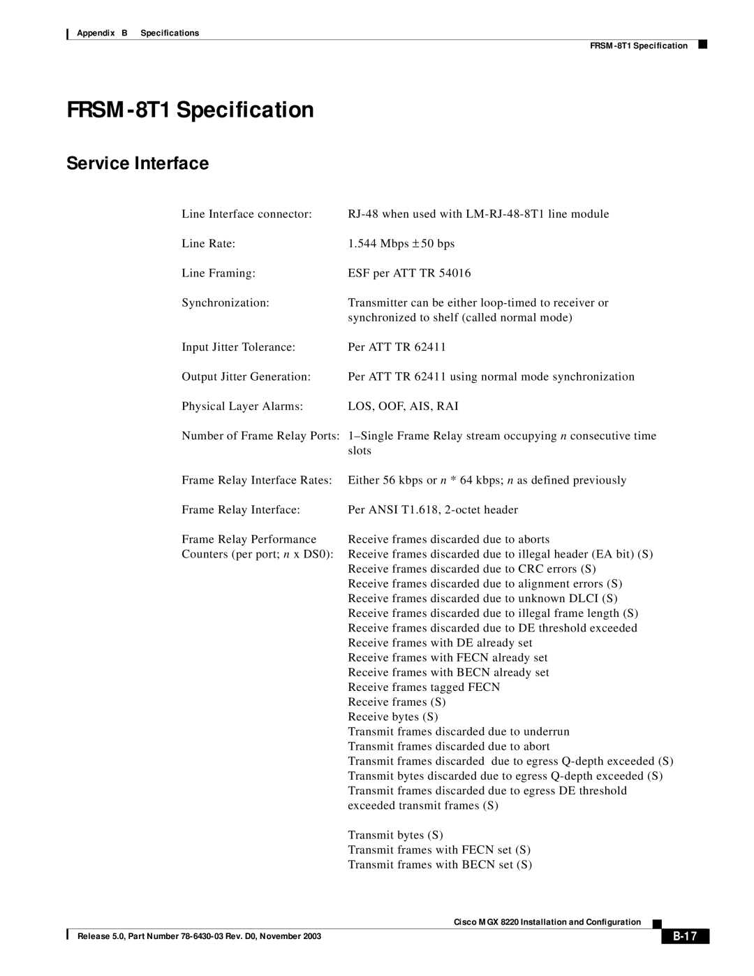 Cisco Systems MGX 8220 manual FRSM-8T1 Specification 