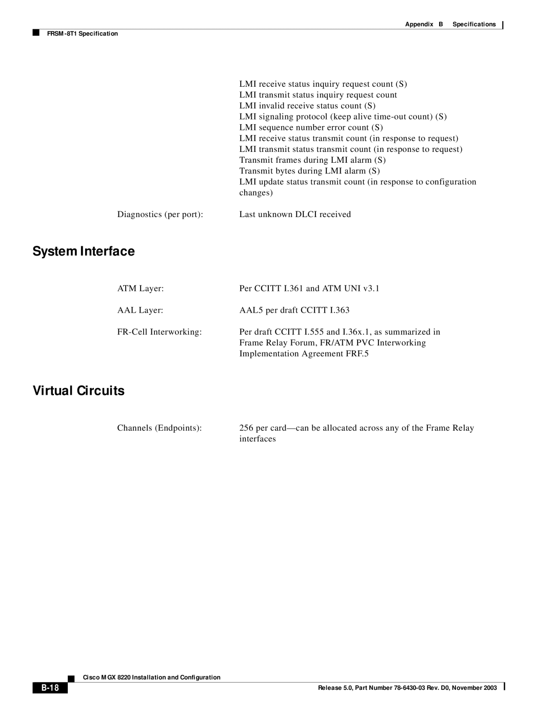 Cisco Systems MGX 8220 manual Appendix B Specifications FRSM-8T1 Specification 