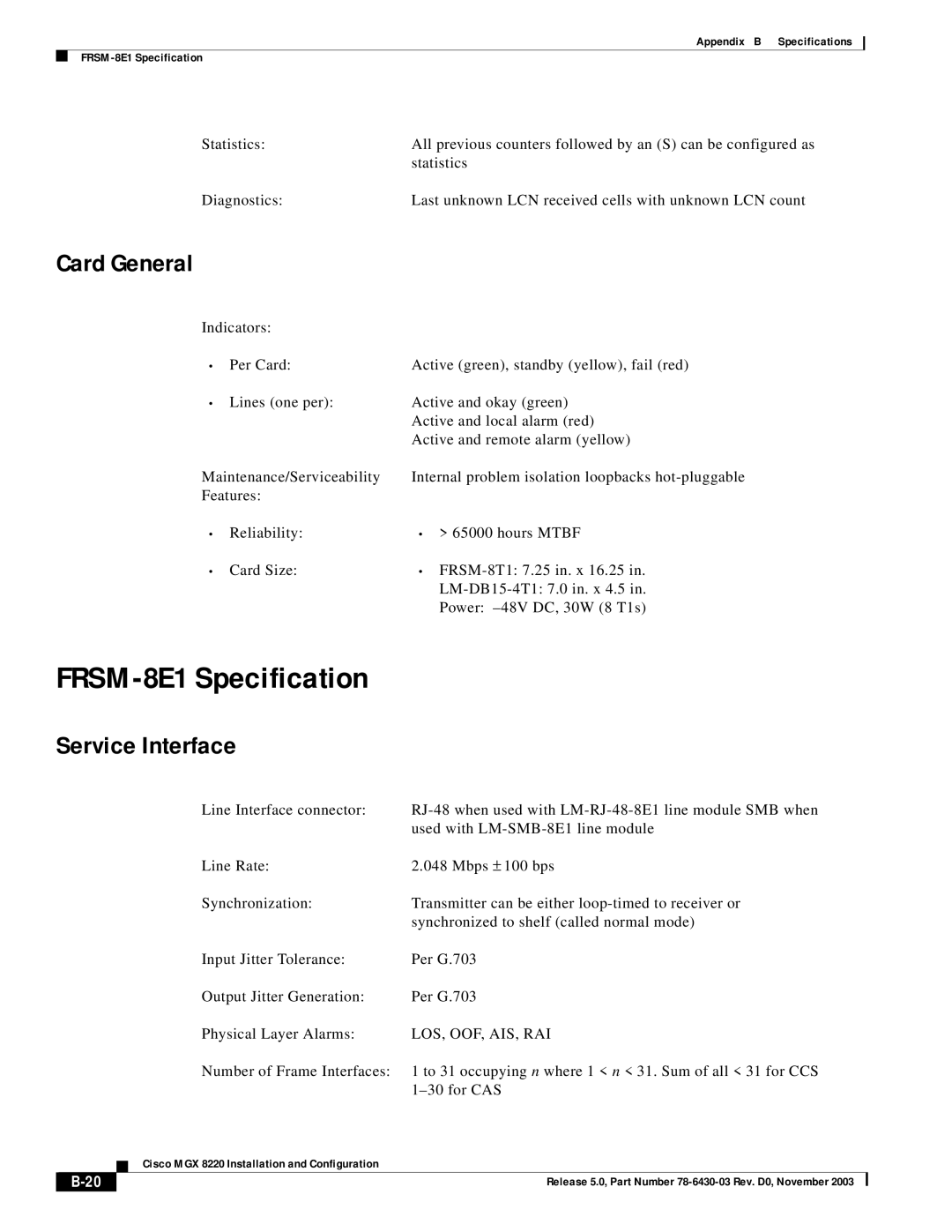 Cisco Systems MGX 8220 manual FRSM-8E1 Specification, Card General 