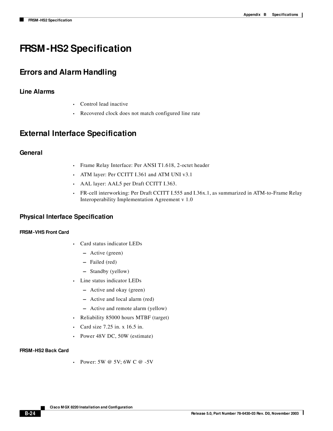 Cisco Systems MGX 8220 manual FRSM-HS2 Specification, Errors and Alarm Handling, External Interface Specification 