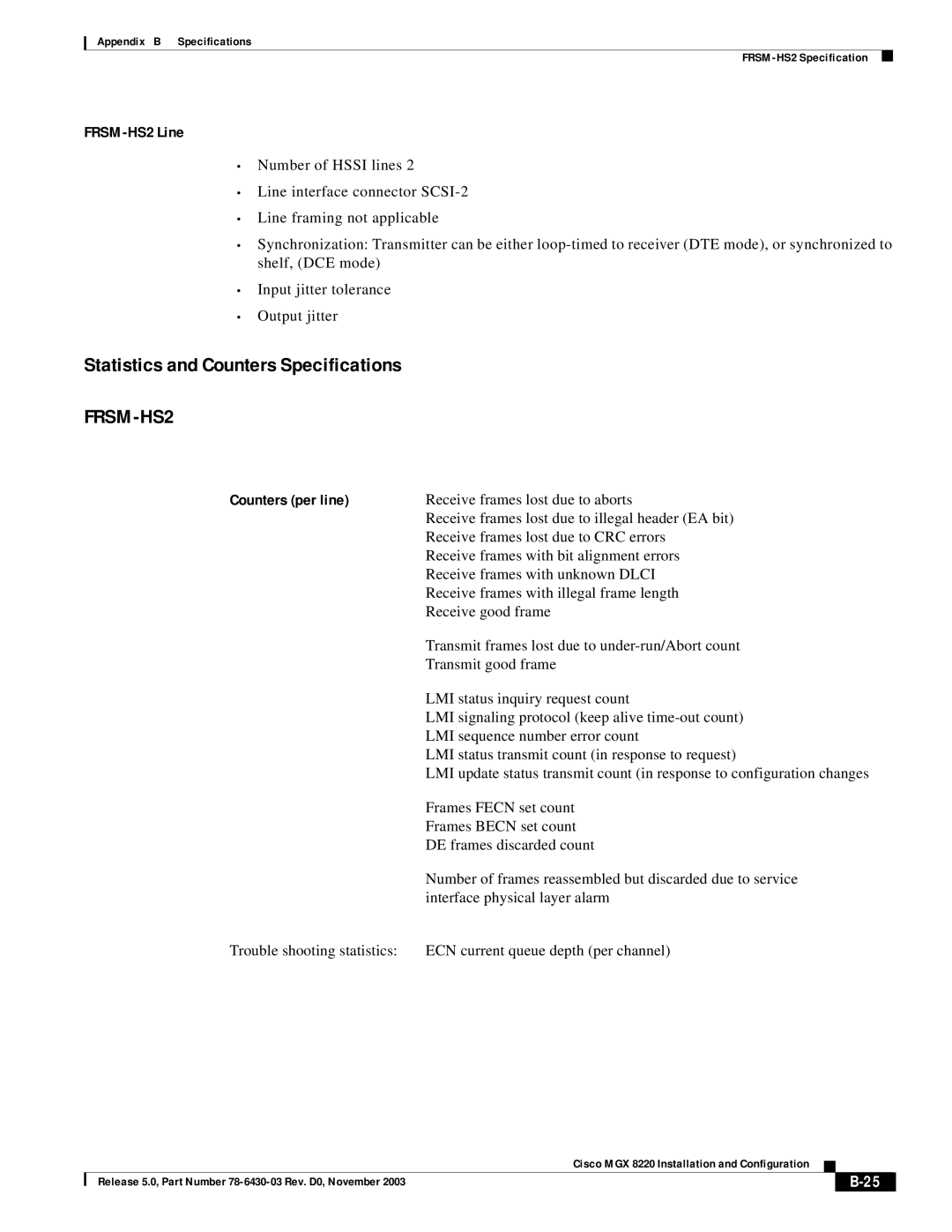 Cisco Systems MGX 8220 manual Statistics and Counters Specifications, FRSM-HS2 Line, Counters per line 