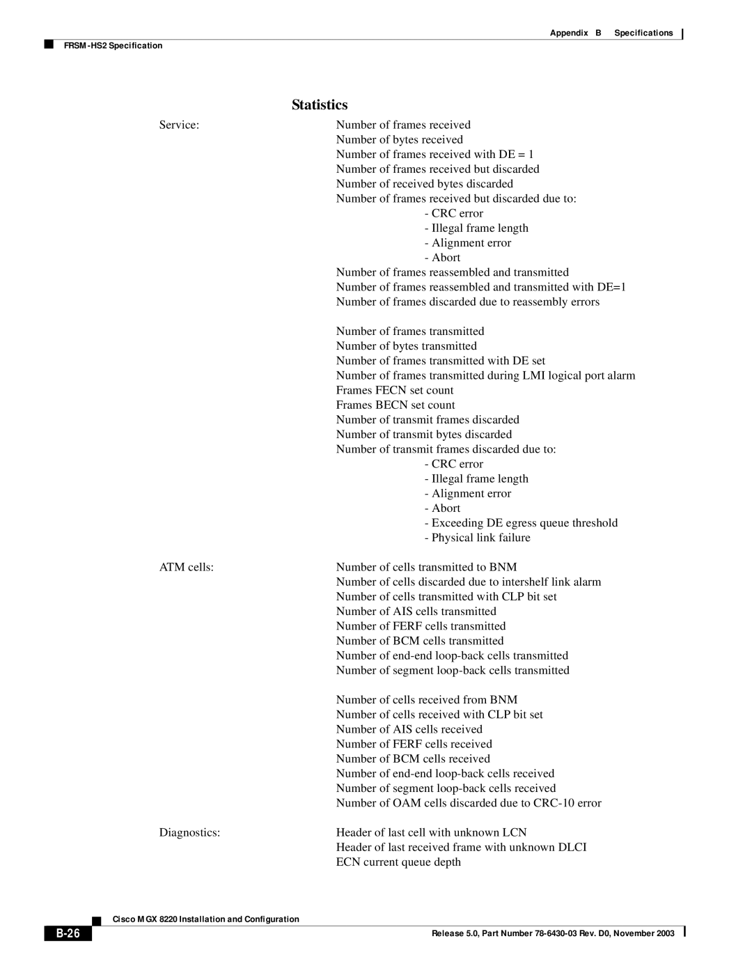 Cisco Systems MGX 8220 manual Statistics 