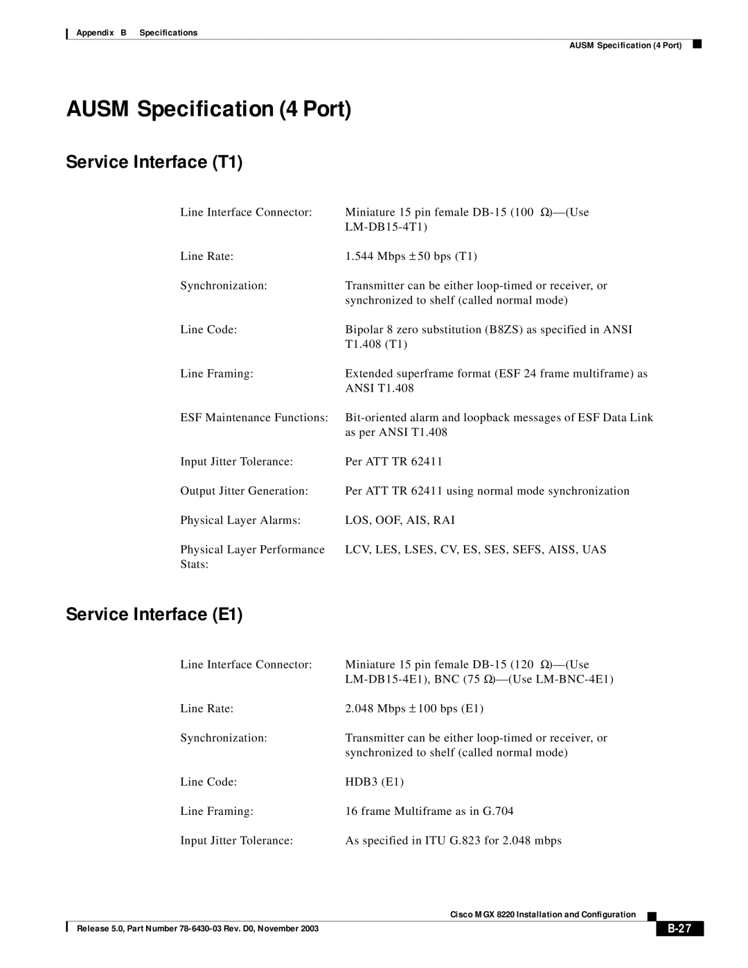 Cisco Systems MGX 8220 manual Ausm Specification 4 Port, Service Interface T1, Service Interface E1 