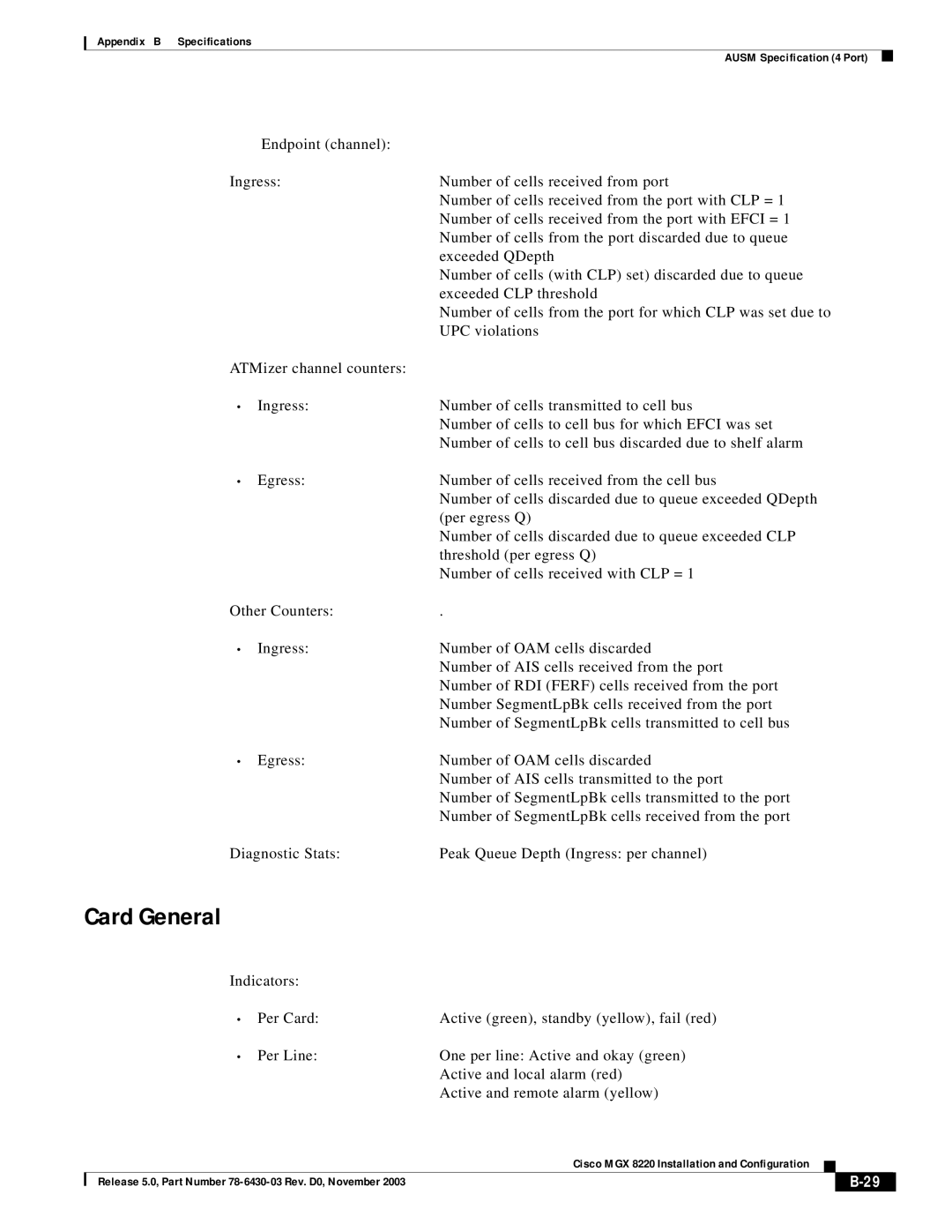 Cisco Systems MGX 8220 manual Card General 