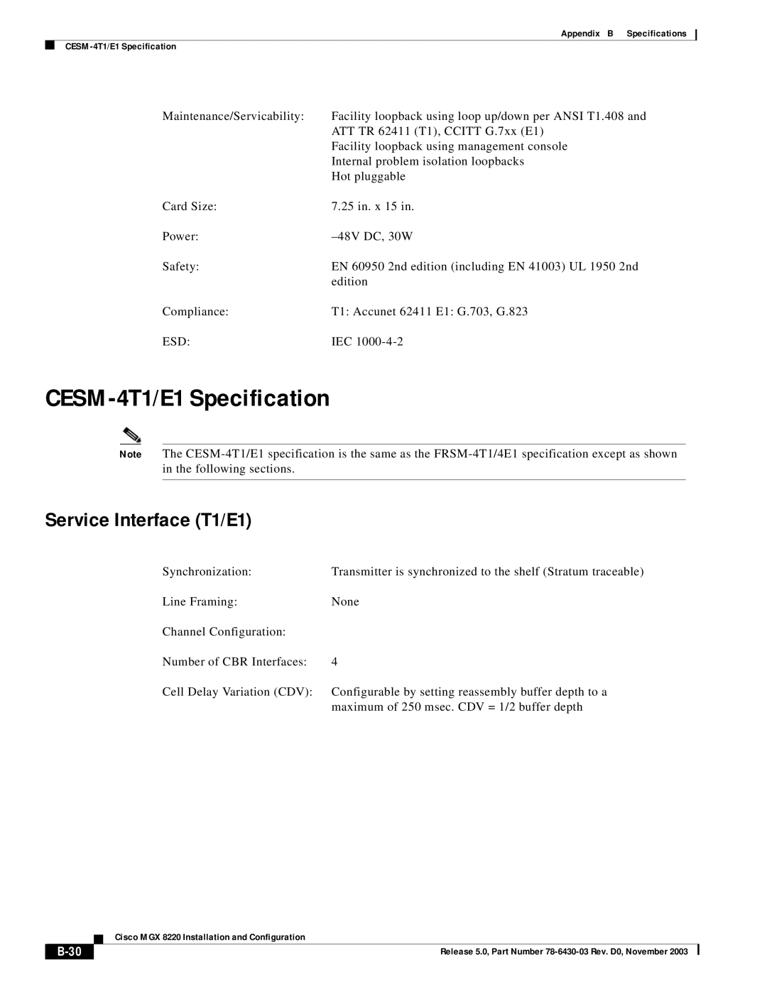 Cisco Systems MGX 8220 manual CESM-4T1/E1 Specification, Service Interface T1/E1, Esd 