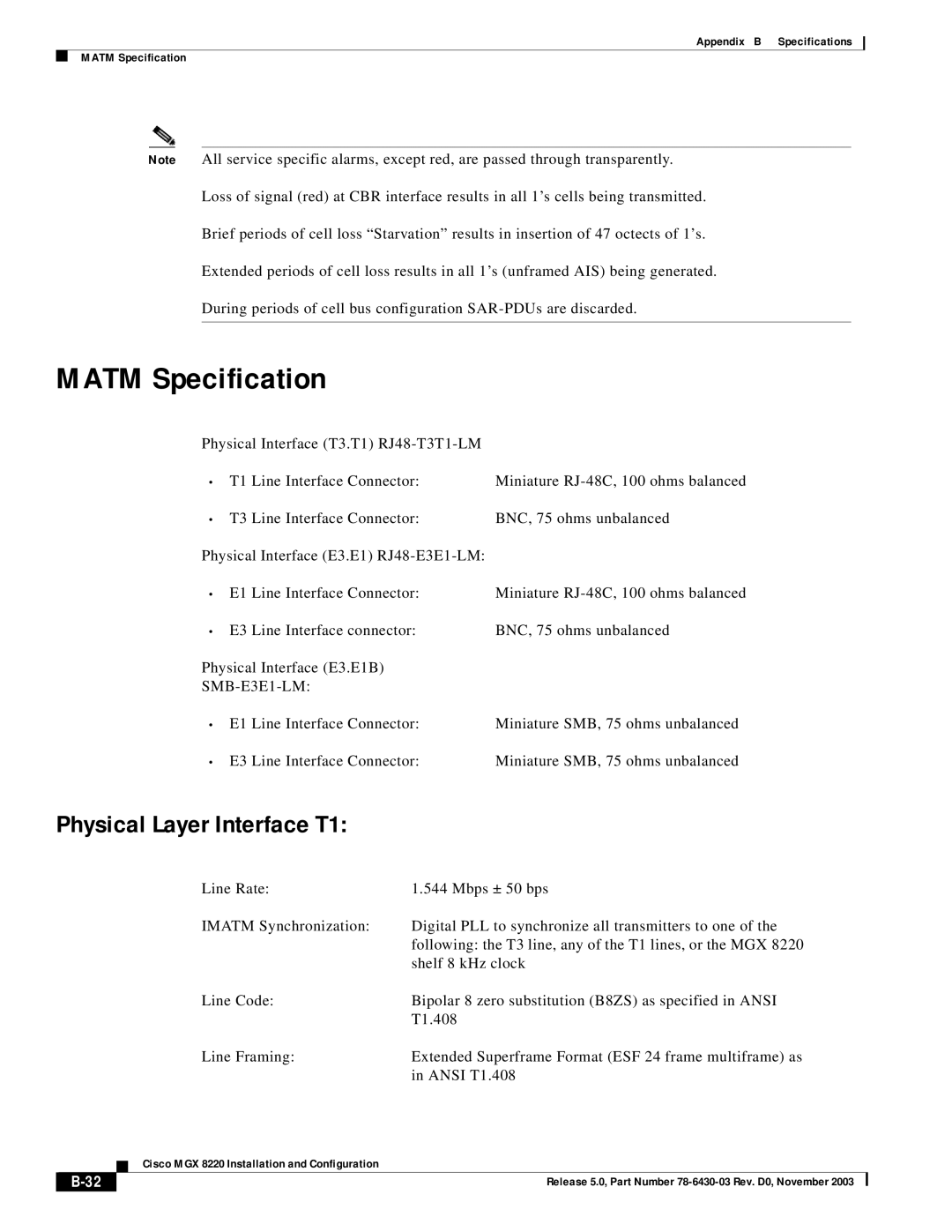 Cisco Systems MGX 8220 manual Matm Specification, Physical Layer Interface T1, SMB-E3E1-LM 