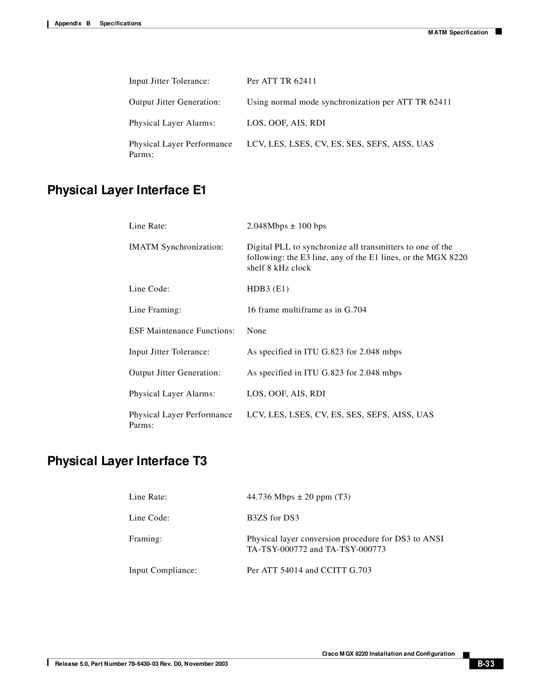 Cisco Systems MGX 8220 manual Physical Layer Interface E1, Physical Layer Interface T3, Los, Oof, Ais, Rdi 