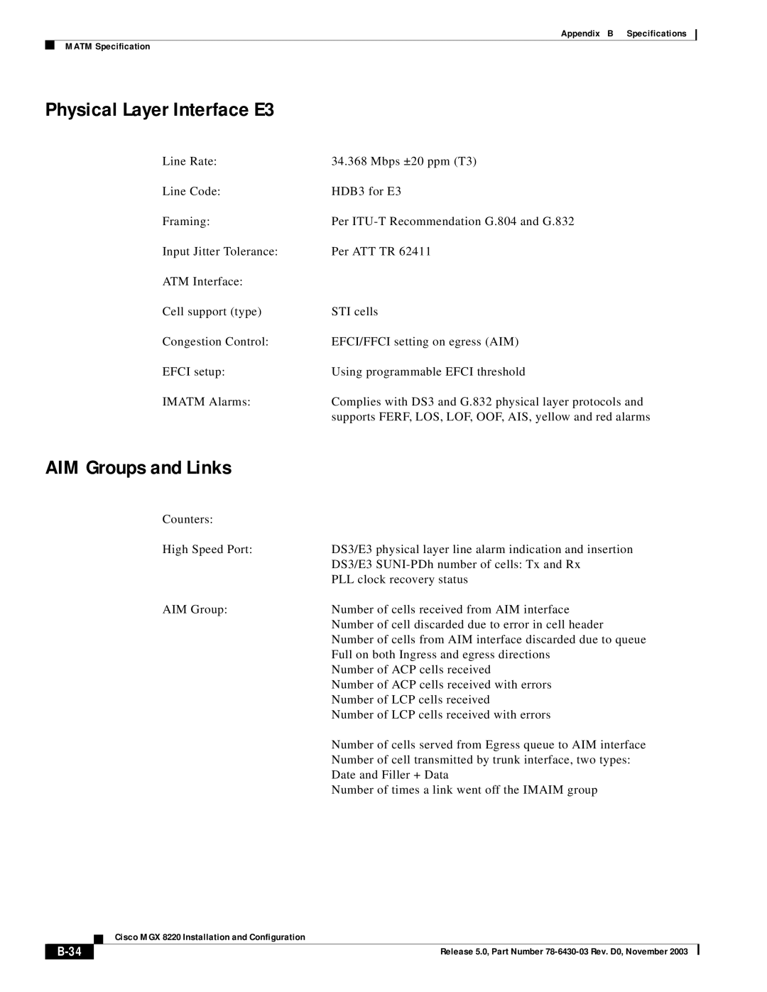 Cisco Systems MGX 8220 manual Physical Layer Interface E3, AIM Groups and Links 