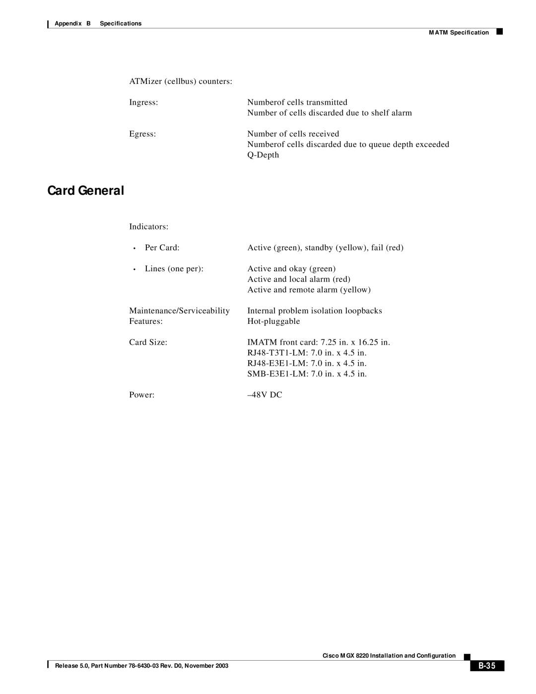 Cisco Systems MGX 8220 manual Card General 