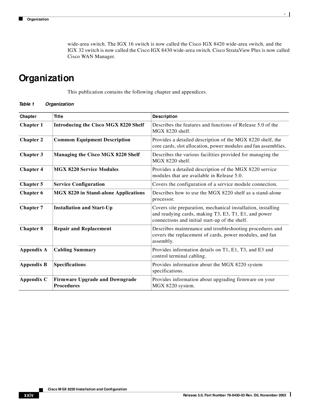 Cisco Systems MGX 8220 manual Organization, Chapter Title Description 