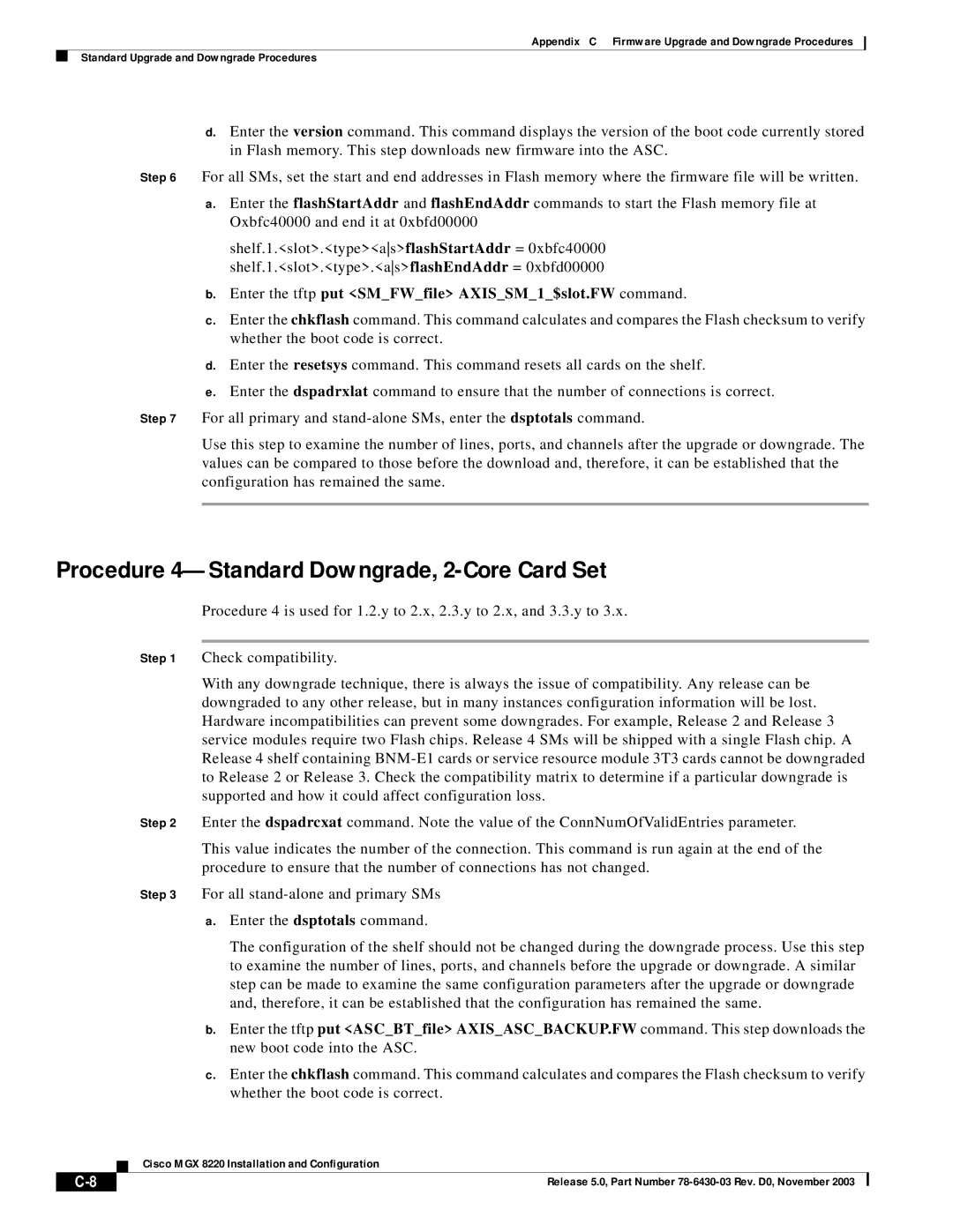 Cisco Systems MGX 8220 manual Procedure 4-Standard Downgrade, 2-Core Card Set 