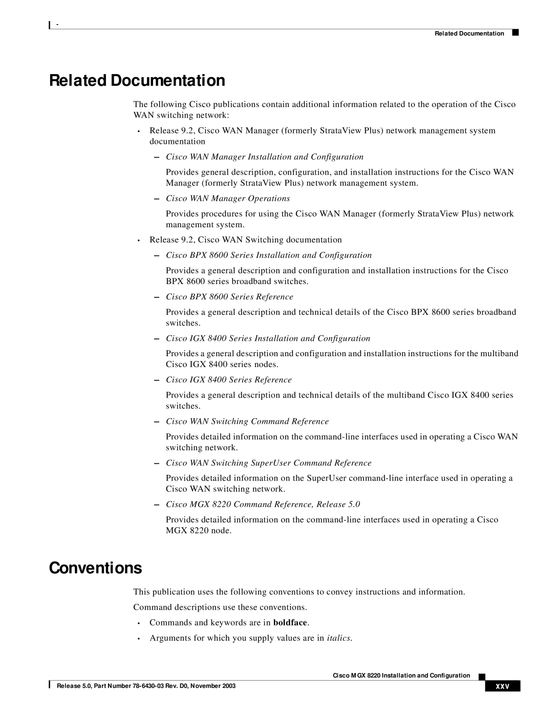 Cisco Systems MGX 8220 manual Related Documentation, Conventions 