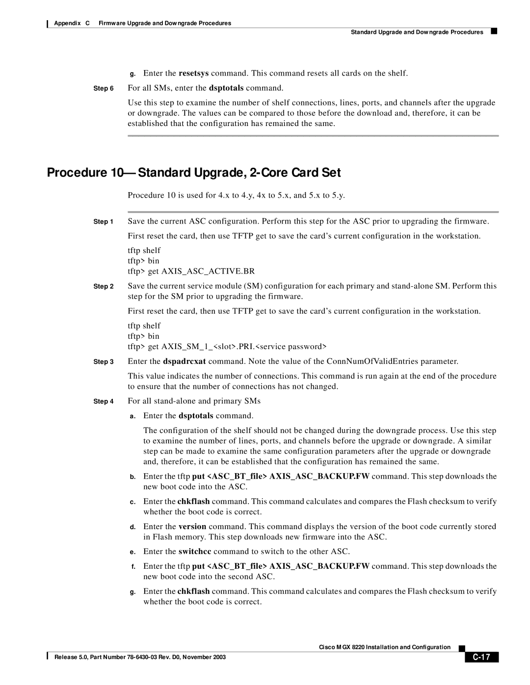 Cisco Systems MGX 8220 manual Procedure 10-Standard Upgrade, 2-Core Card Set 