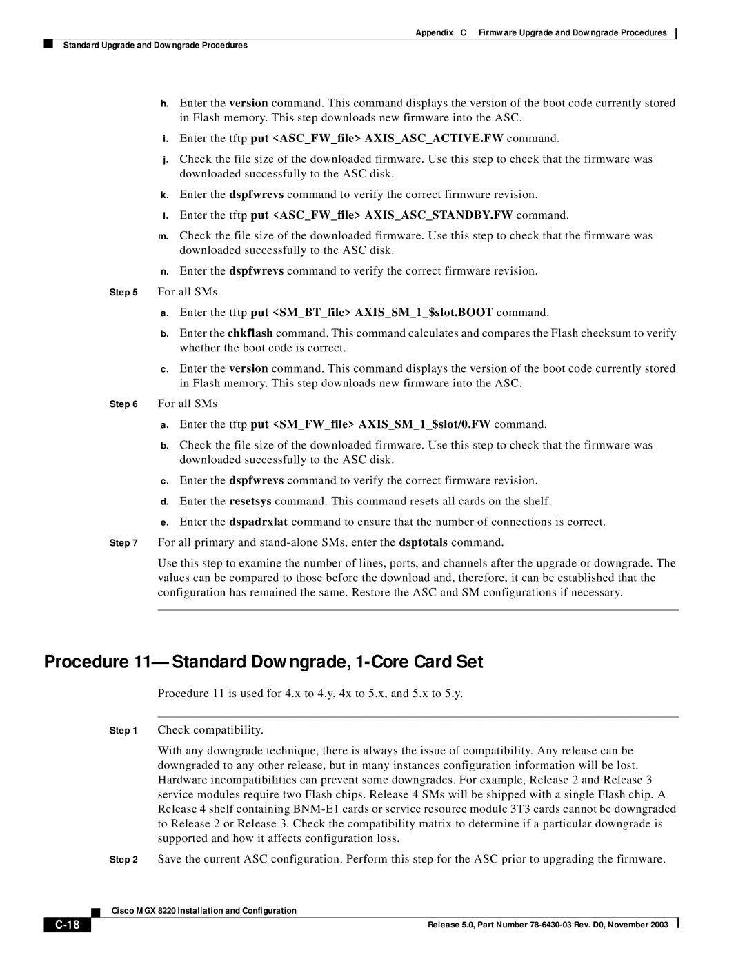 Cisco Systems MGX 8220 manual Procedure 11-Standard Downgrade, 1-Core Card Set 