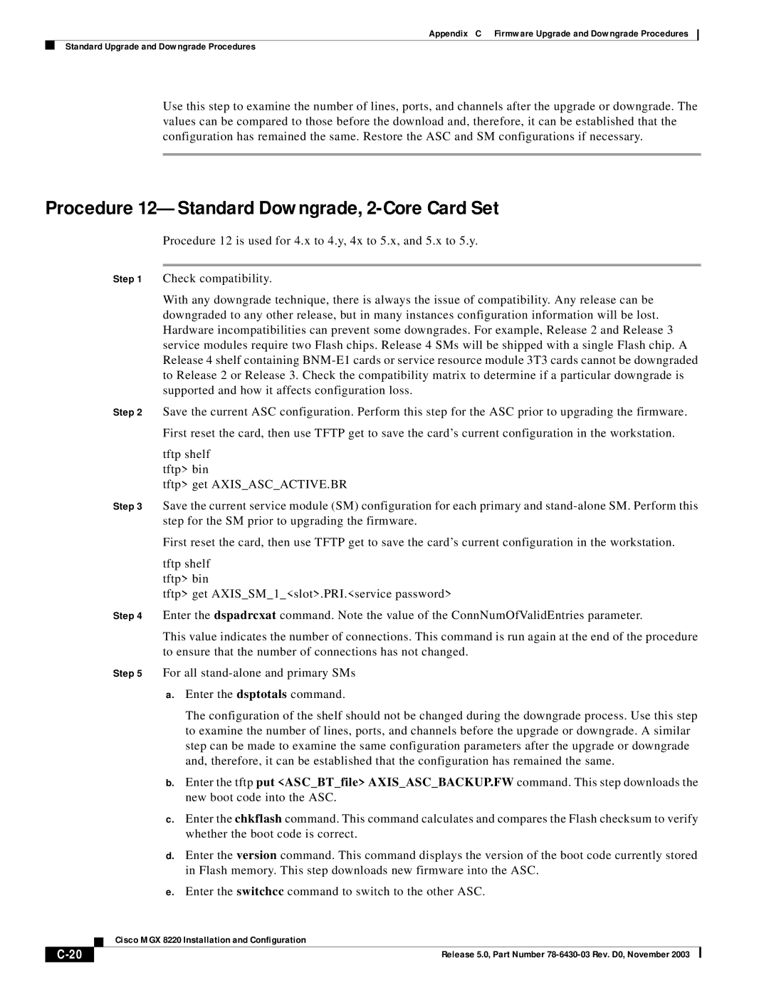 Cisco Systems MGX 8220 manual Procedure 12-Standard Downgrade, 2-Core Card Set 