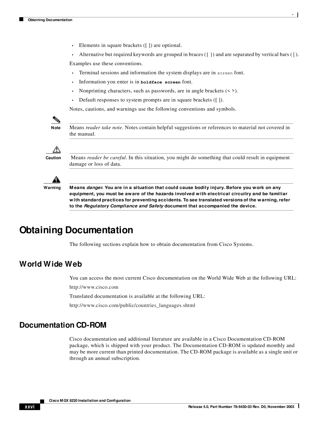 Cisco Systems MGX 8220 manual Obtaining Documentation, World Wide Web, Documentation CD-ROM 