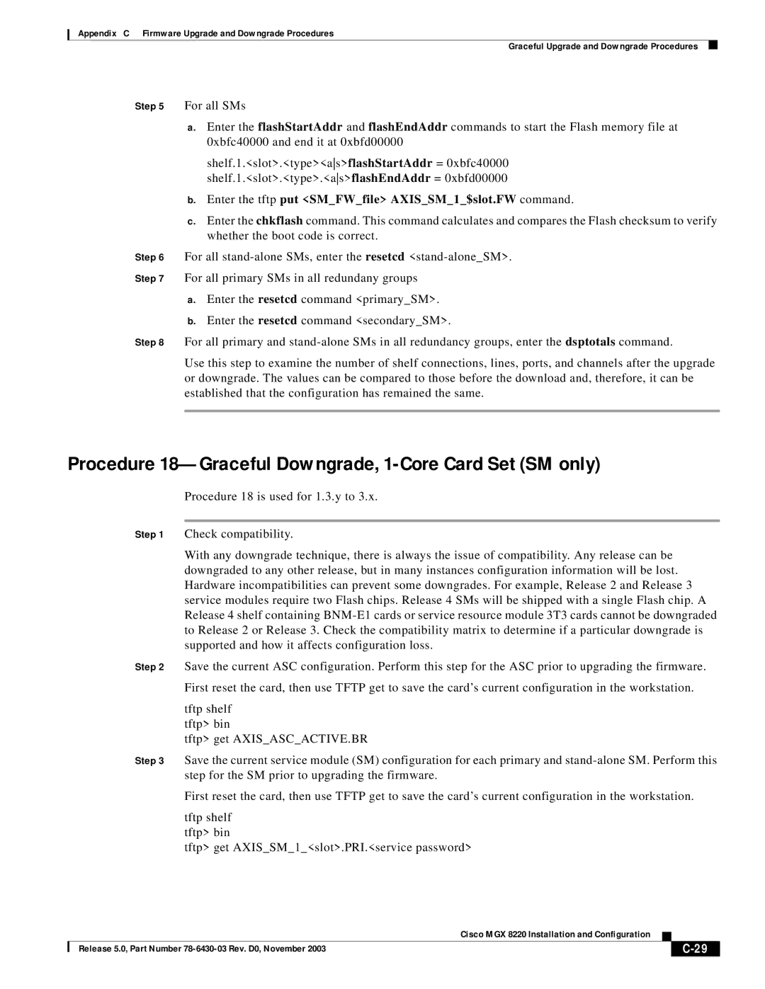 Cisco Systems MGX 8220 manual Procedure 18-Graceful Downgrade, 1-Core Card Set SM only 