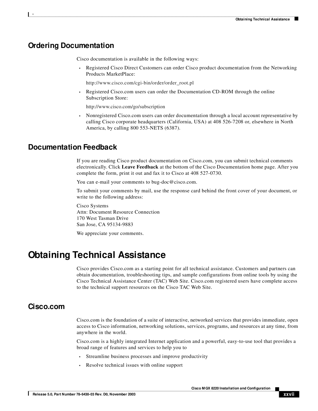 Cisco Systems MGX 8220 manual Obtaining Technical Assistance, Ordering Documentation, Documentation Feedback, Cisco.com 