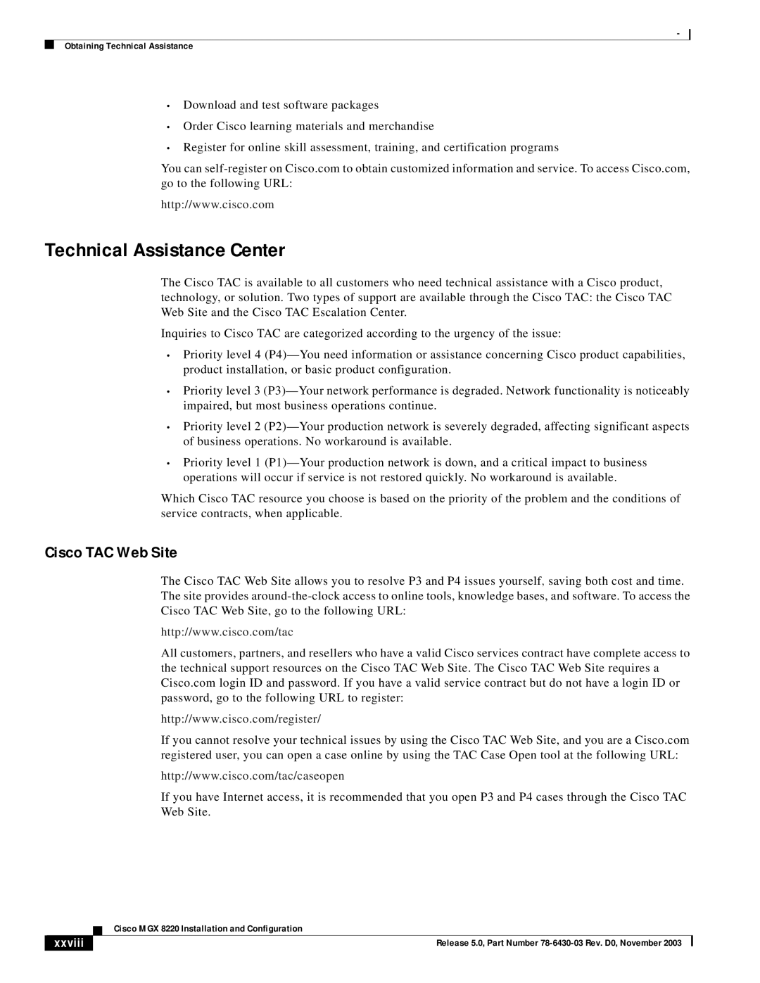 Cisco Systems MGX 8220 manual Technical Assistance Center, Cisco TAC Web Site 