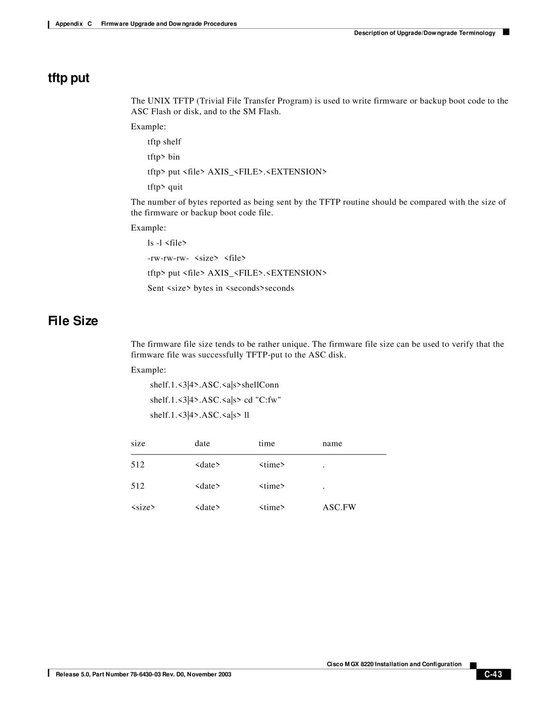 Cisco Systems MGX 8220 manual Tftp put, File Size, Asc.Fw 