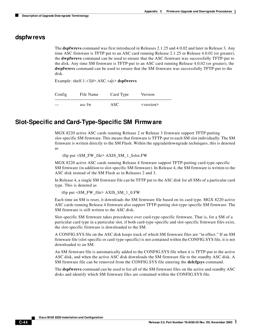 Cisco Systems MGX 8220 manual Dspfwrevs, Slot-Specific and Card-Type-Specific SM Firmware 