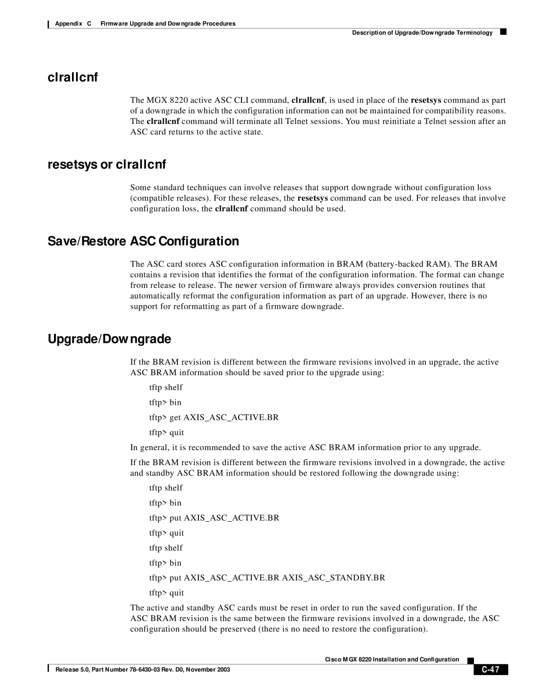 Cisco Systems MGX 8220 manual Clrallcnf, Resetsys or clrallcnf, Save/Restore ASC Configuration, Upgrade/Downgrade 