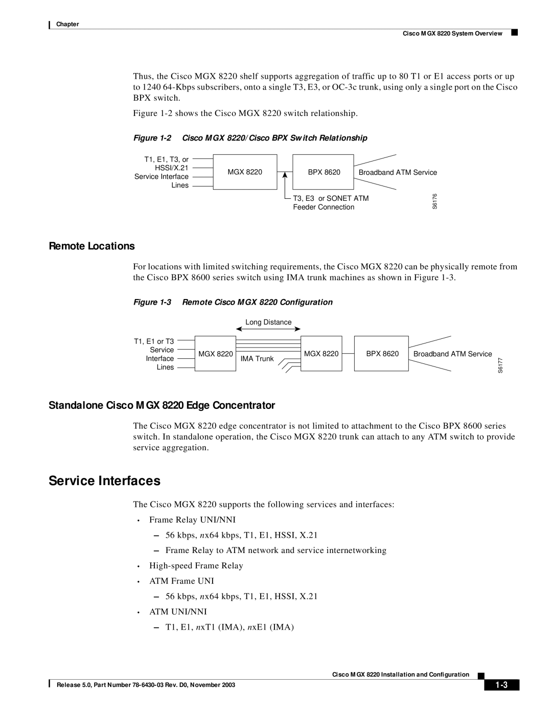 Cisco Systems manual Service Interfaces, Remote Locations, Standalone Cisco MGX 8220 Edge Concentrator, Atm Uni/Nni 