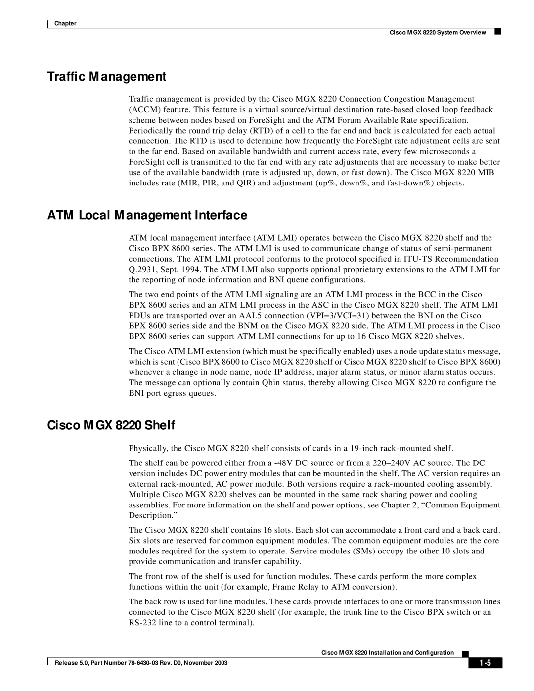 Cisco Systems manual Traffic Management, ATM Local Management Interface, Cisco MGX 8220 Shelf 