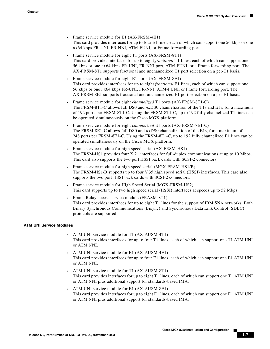 Cisco Systems MGX 8220 manual ATM UNI Service Modules 