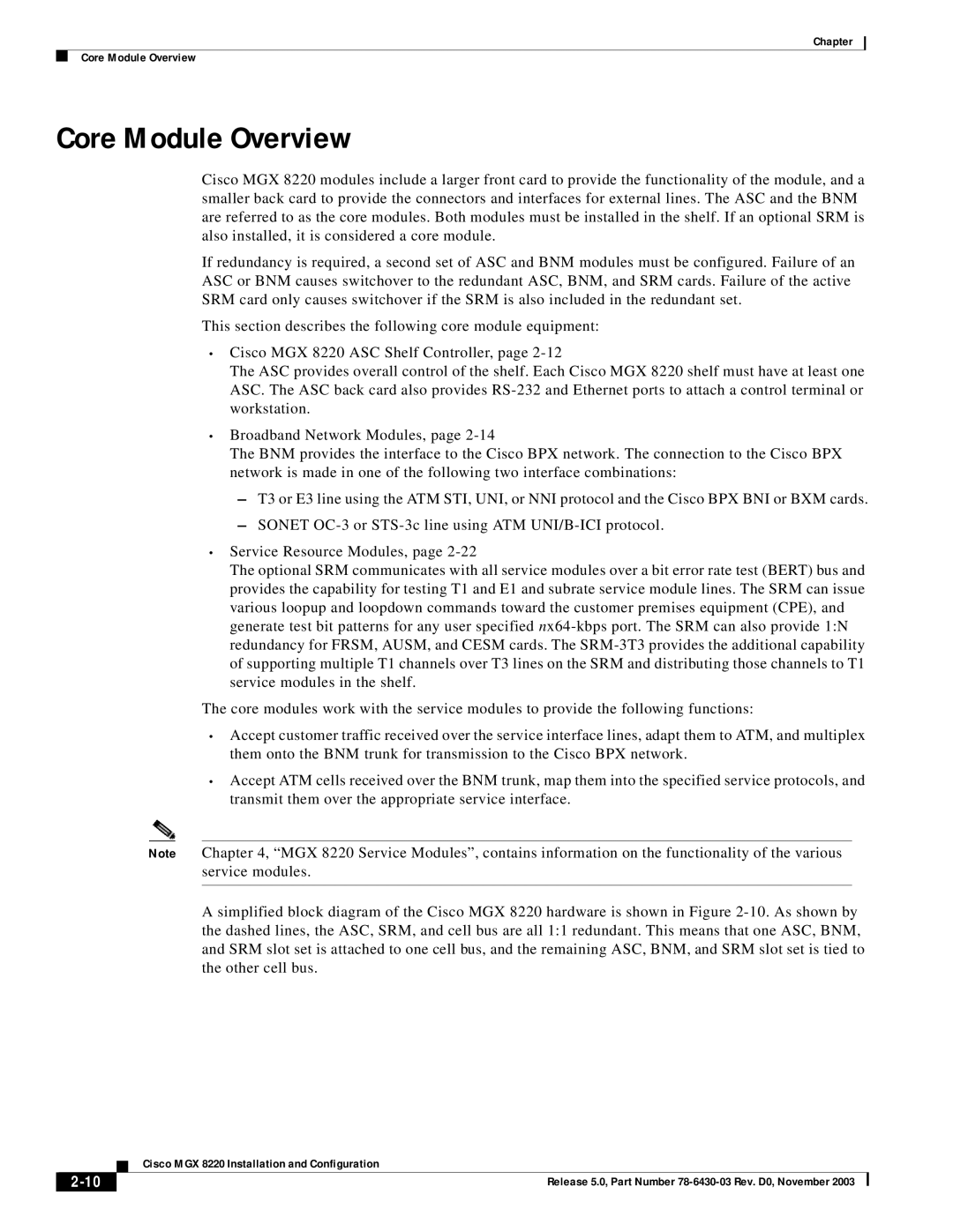 Cisco Systems MGX 8220 manual Core Module Overview 