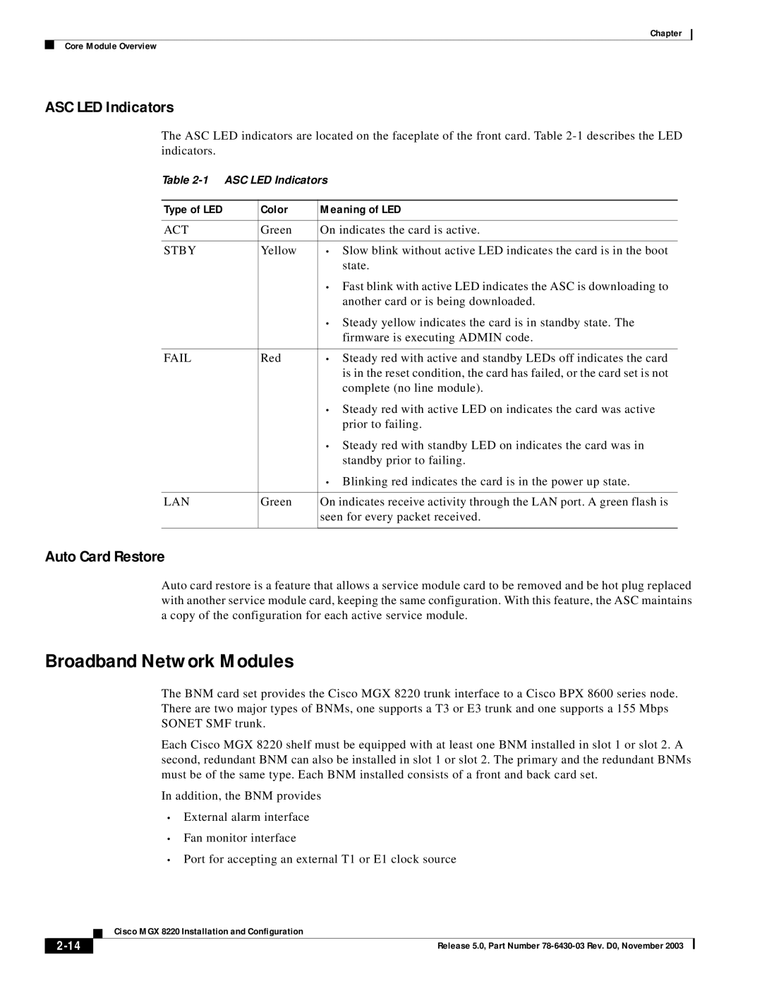 Cisco Systems MGX 8220 Broadband Network Modules, ASC LED Indicators, Auto Card Restore, Type of LED Color Meaning of LED 