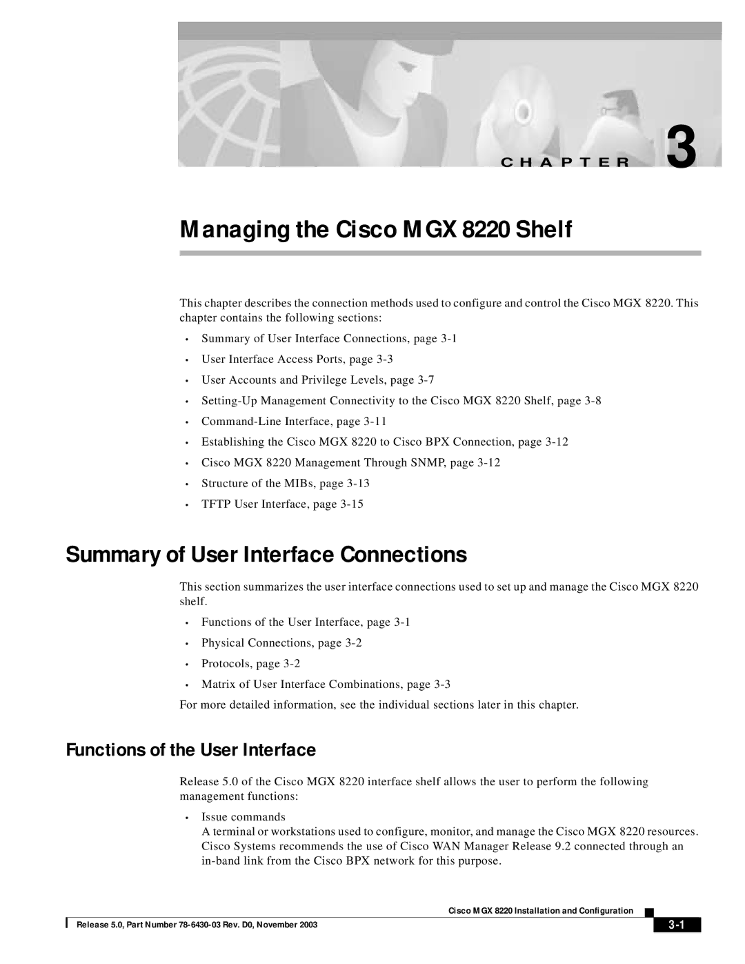 Cisco Systems MGX 8220 manual Summary of User Interface Connections, Functions of the User Interface 