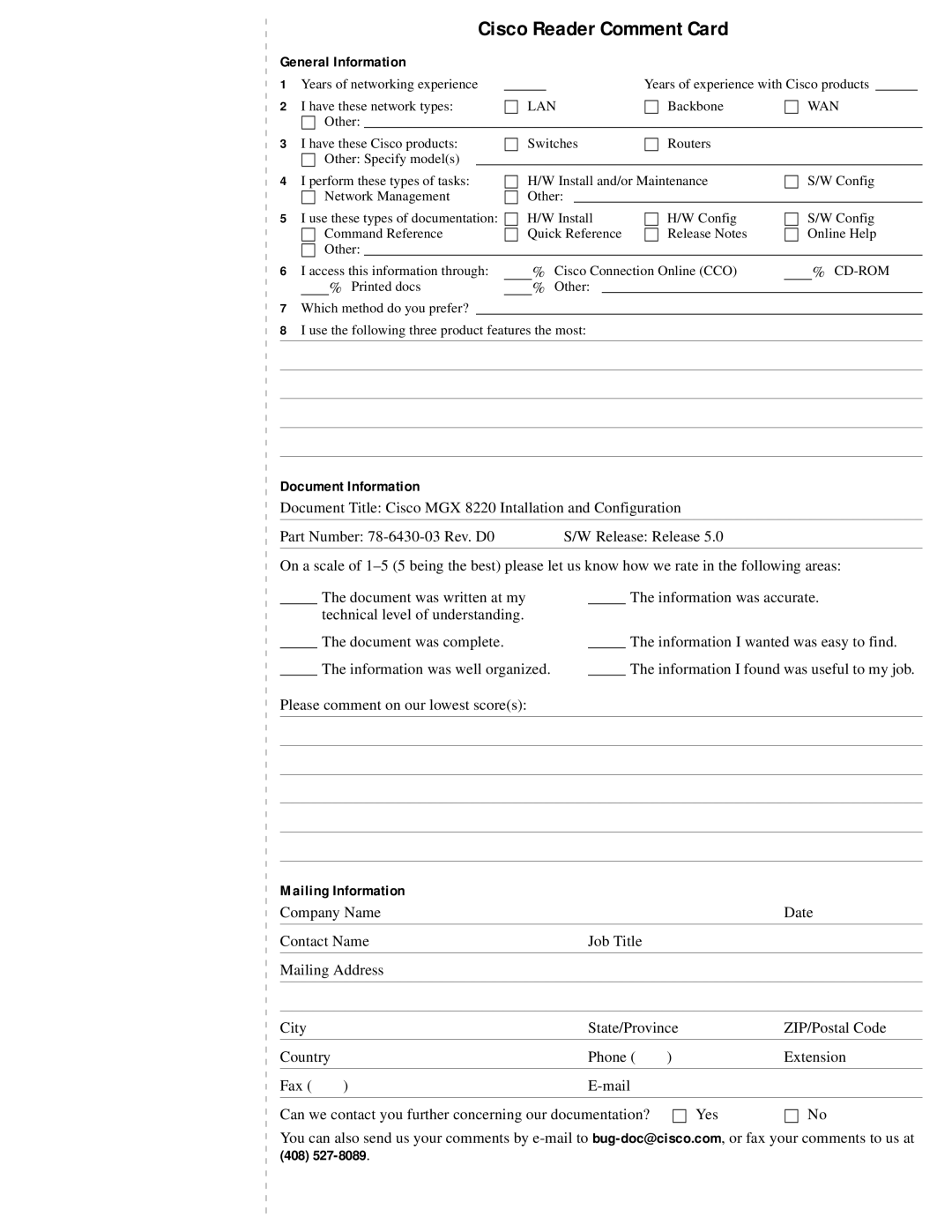 Cisco Systems MGX 8220 manual General Information, Document Information, Mailing Information 