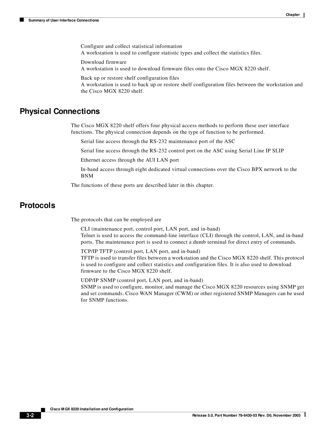 Cisco Systems MGX 8220 manual Physical Connections, Protocols, Bnm 