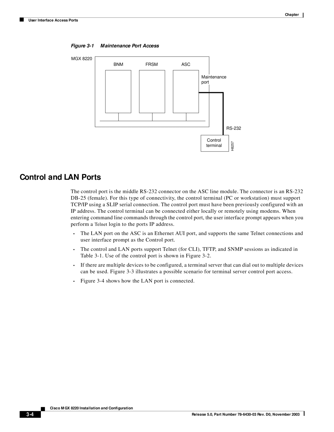 Cisco Systems MGX 8220 manual Control and LAN Ports, Maintenance Port Access 