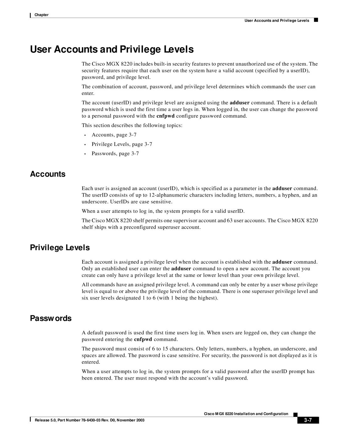 Cisco Systems MGX 8220 manual User Accounts and Privilege Levels, Passwords 