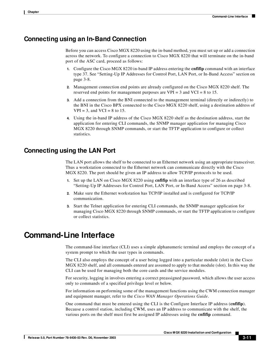 Cisco Systems MGX 8220 manual Command-Line Interface, Connecting using an In-Band Connection, Connecting using the LAN Port 