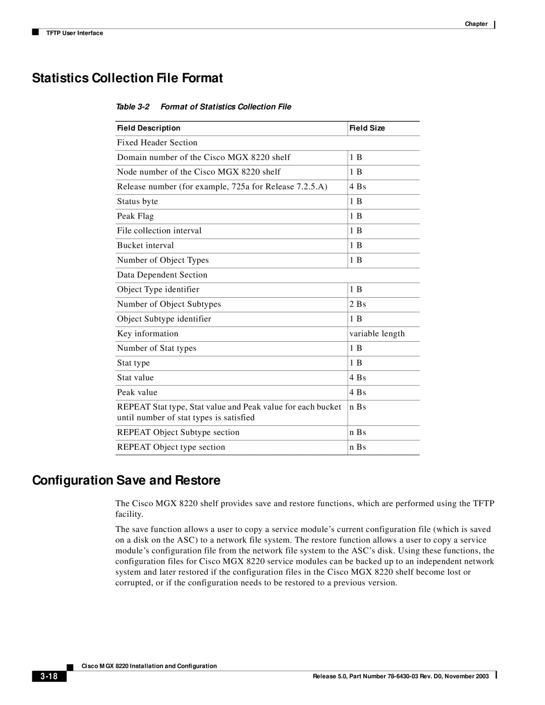 Cisco Systems MGX 8220 Statistics Collection File Format, Configuration Save and Restore, Field Description Field Size 