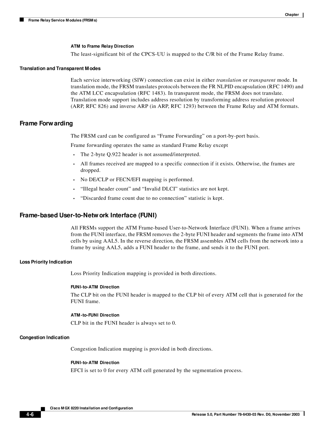 Cisco Systems MGX 8220 Frame Forwarding, Frame-based User-to-Network Interface Funi, Translation and Transparent Modes 