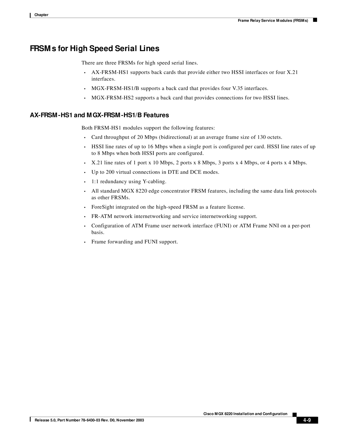 Cisco Systems MGX 8220 manual FRSMs for High Speed Serial Lines, AX-FRSM-HS1 and MGX-FRSM-HS1/B Features 