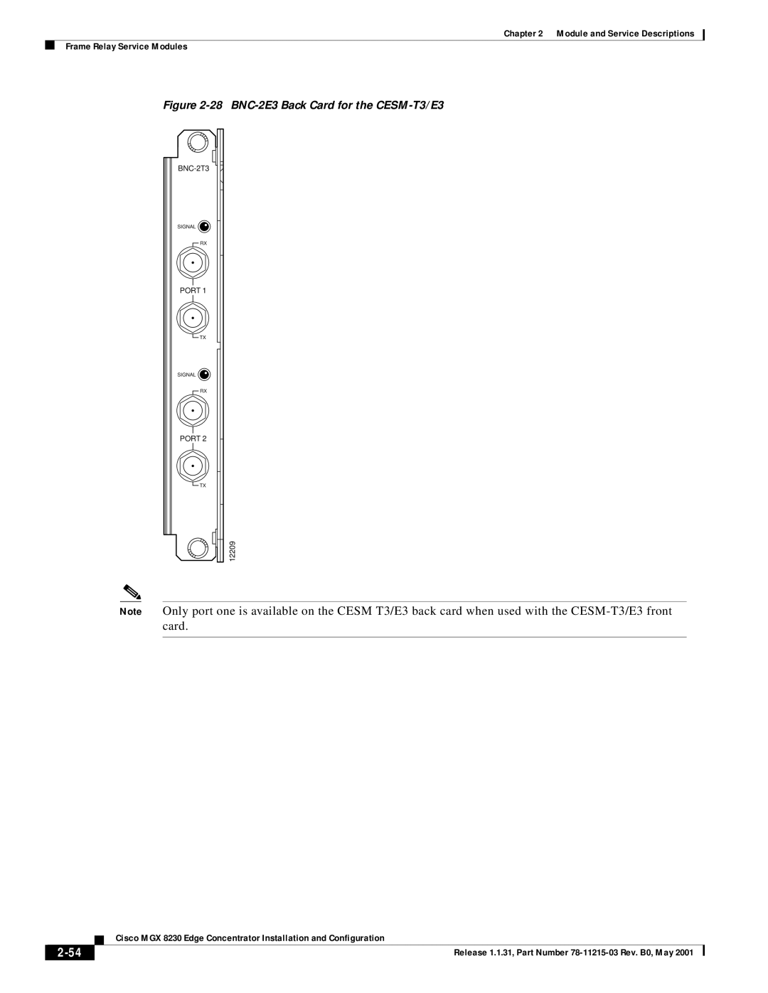 Cisco Systems MGX 8230 manual BNC-2E3 Back Card for the CESM-T3/E3 