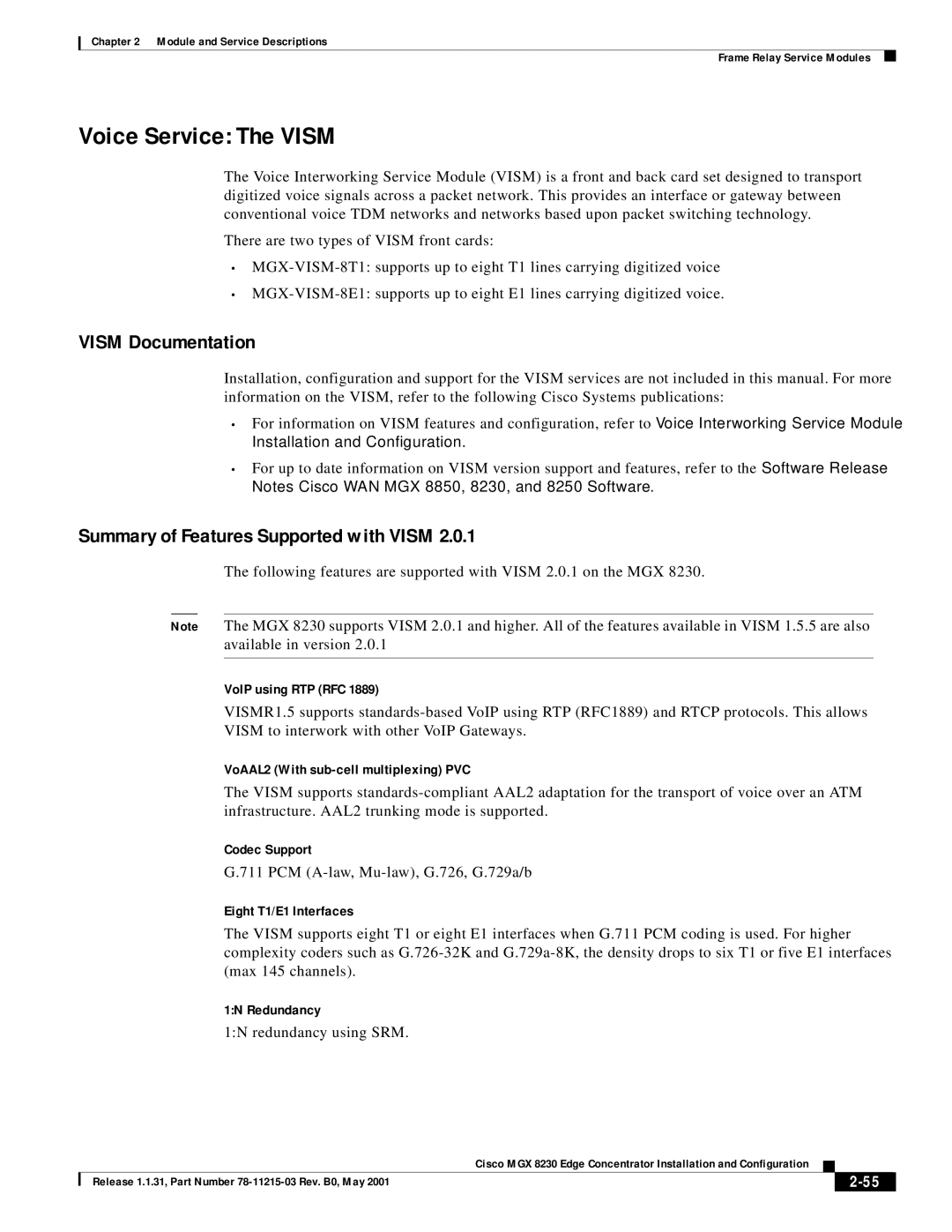 Cisco Systems MGX 8230 manual Voice Service The Vism, Vism Documentation, Summary of Features Supported with Vism 