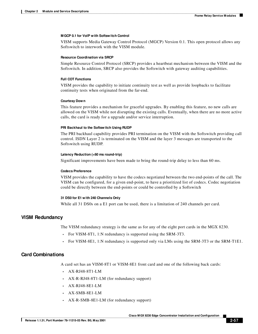 Cisco Systems MGX 8230 manual Vism Redundancy, Card Combinations 