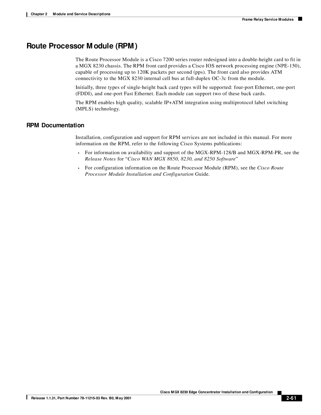 Cisco Systems MGX 8230 manual Route Processor Module RPM, RPM Documentation 