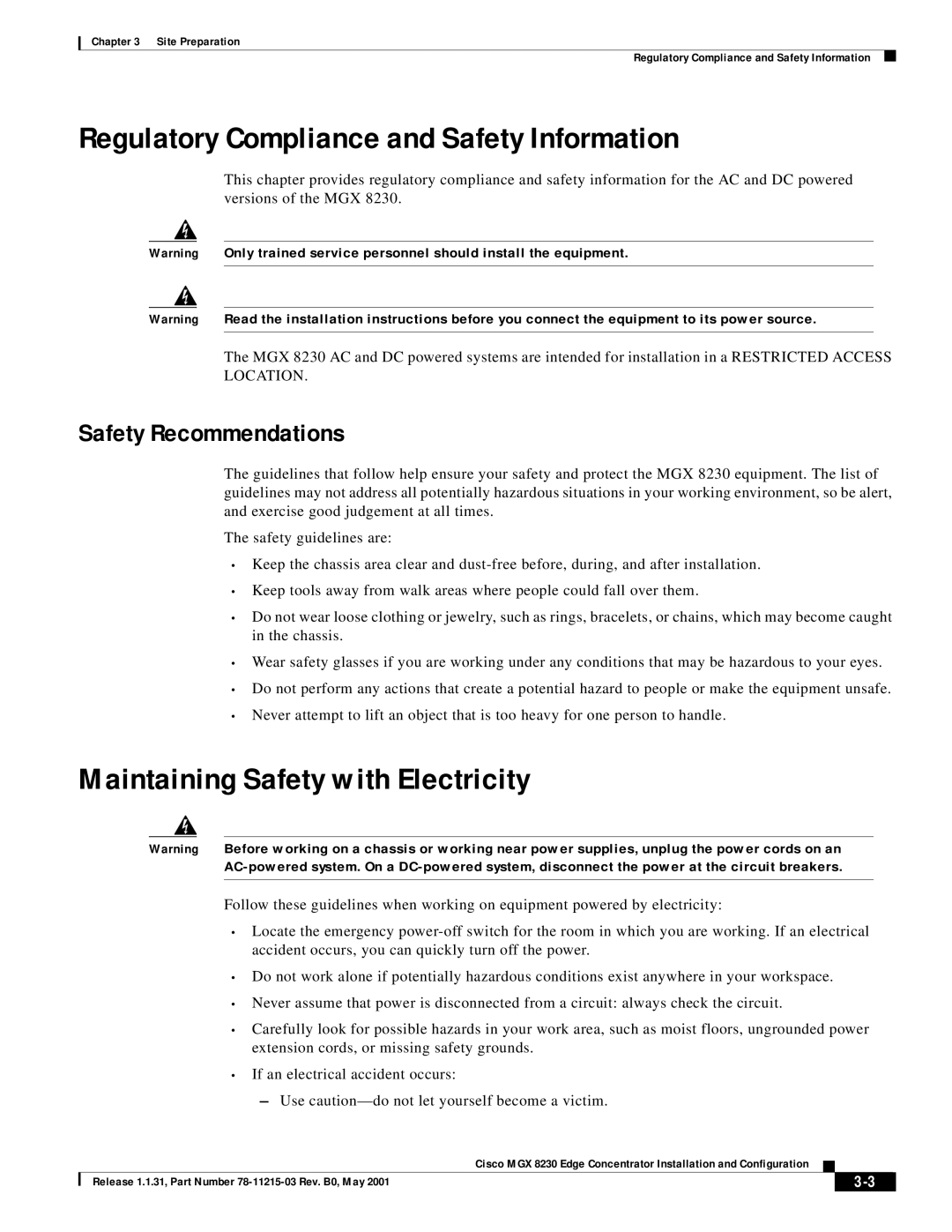 Cisco Systems MGX 8230 manual Regulatory Compliance and Safety Information, Maintaining Safety with Electricity 