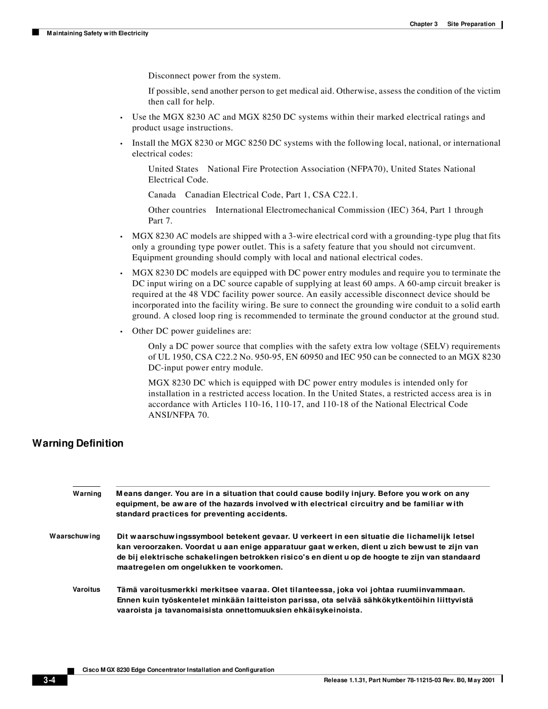 Cisco Systems MGX 8230 manual Site Preparation Maintaining Safety with Electricity 