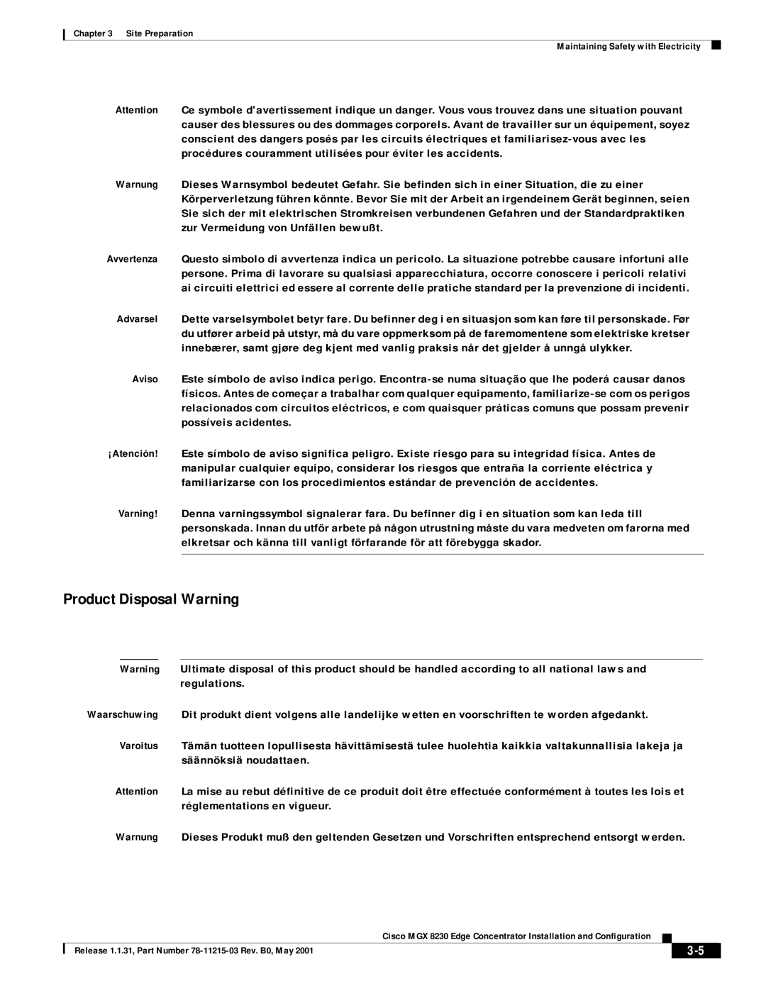 Cisco Systems MGX 8230 manual Product Disposal Warning 